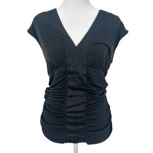 Express Y2K Babydoll V-Neck Ruched Top M Witchy Goth Cap Sleeve Party‎ Black